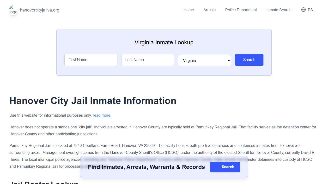 Hanover Jail, VA Inmate Roster, Municipal Jail Info