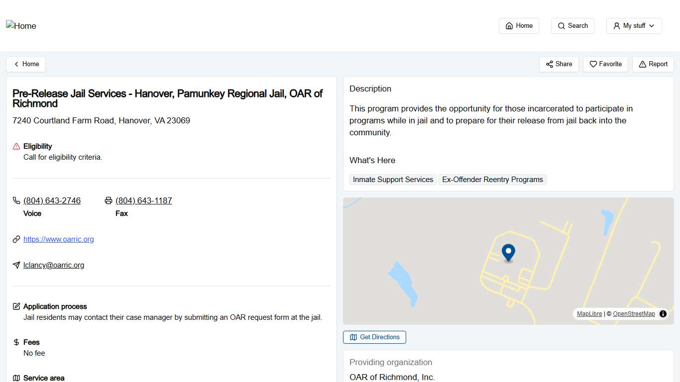 Pre-Release Jail Services - Hanover, Pamunkey Regional Jail, OAR of Richmond